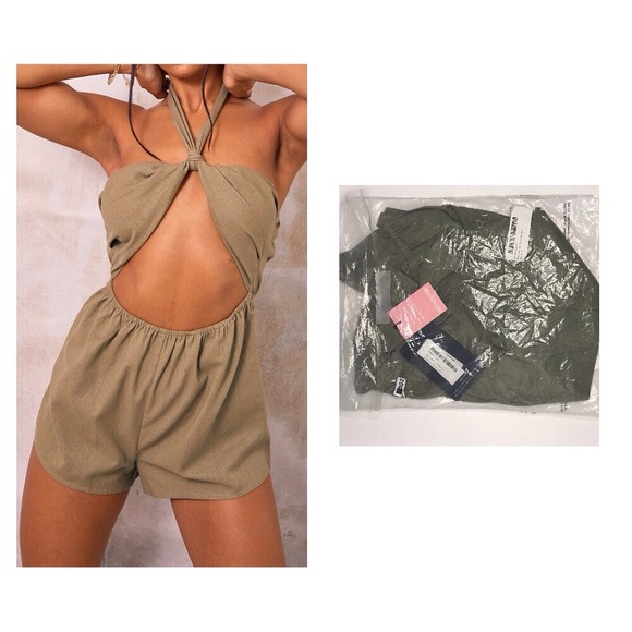 PrettyLittleThing Pants - Khaki linen look cut haltemeck playsuit